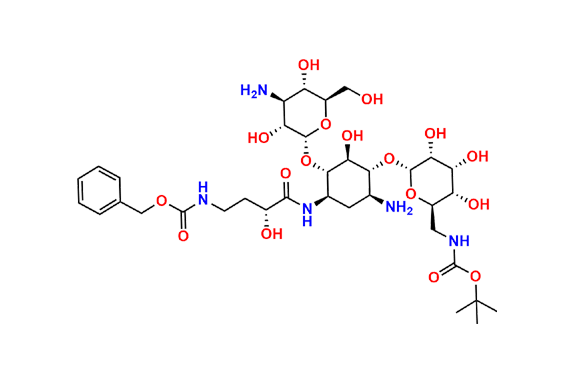 tert-Butyl (((2R,3S,4R,5R,6R)-6-(((1R,2S,3S,4R,6S)-6-amino-3-(((2S,3R,4S,5S,6R)-4-amino-3,5-dihydroxy-6-(hydroxymethyl)tetrahydro-2H-pyran-2-yl)oxy)-4-((R)-4-(((benzyloxy)carbonyl)amino)-2-hydroxybutanamido)-2-hydroxycyclohexyl)oxy)-3,4,5-trihydroxytetrahydro-2H-pyran-2-yl)methyl)carbamate