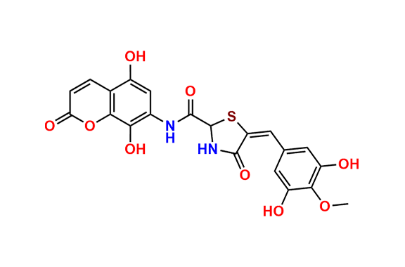 (E)-N-(5,8-dihydroxy-2-oxo-2H-chromen-7-yl)-5-(3,5-dihydroxy-4-methoxybenzylidene)-4-oxothiazolidine-2-carboxamide