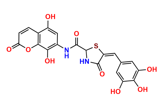 (E)-N-(5,8-dihydroxy-2-oxo-2H-chromen-7-yl)-4-oxo-5-(3,4,5-trihydroxybenzylidene)thiazolidine-2-carboxamide