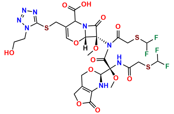 (6S,7S)-7-((S)-2-(2-((Difluoromethyl)thio)acetamido)-N-(2-((difluoromethyl)thio)acetyl)-2-methoxy-2-((S)-7-oxo-1,2,5,7-tetrahydro-4H-furo[3,4-d][1,3]oxazin-2-yl)acetamido)-3-(((1-(2-hydroxyethyl)-1H-tetrazol-5-yl)thio)methyl)-7-methoxy-8-oxo-5-oxa-1-azabicyclo[4.2.0]oct-3-ene-2-carboxylic Acid